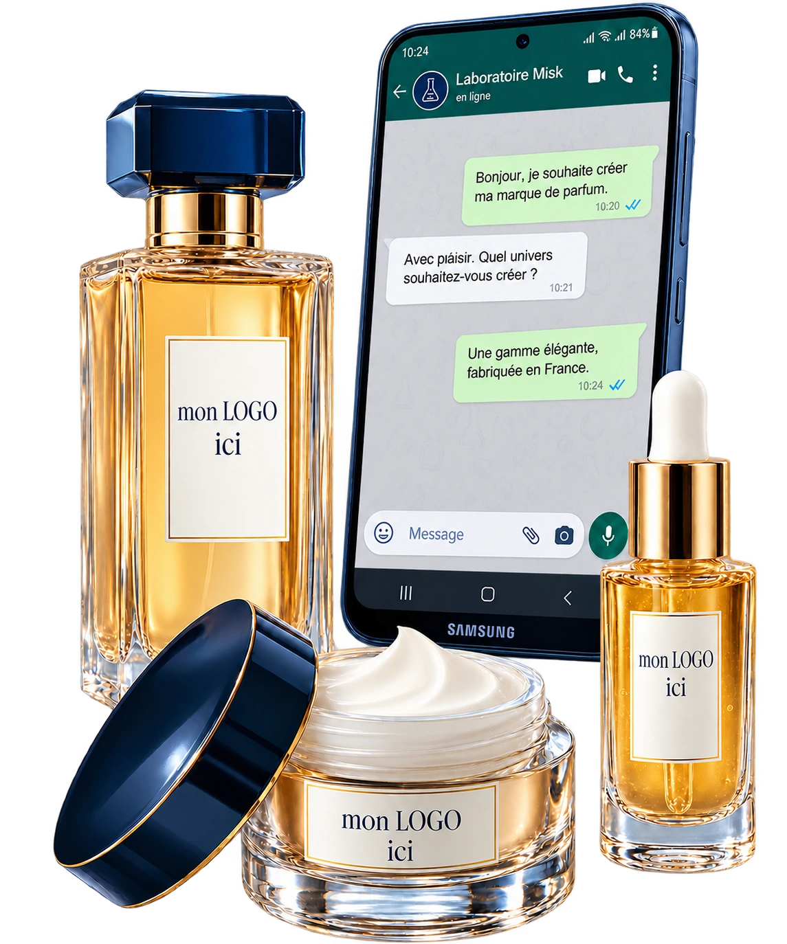 Smartphone Samsung Galaxy affichant WhatsApp avec des flacons de parfum, un pot de crème ouvert et un sérum portant les étiquettes mon LOGO ici
